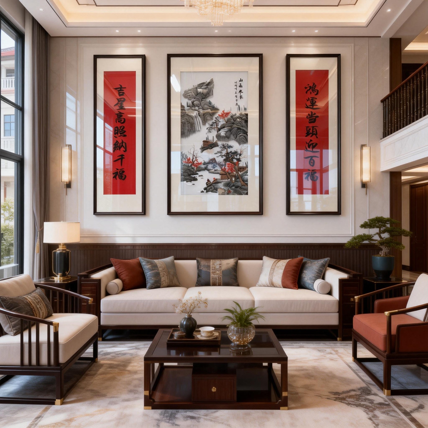 三联中堂画新中式山水图刺绣挂画农村客厅堂屋装饰画精品苏绣壁画