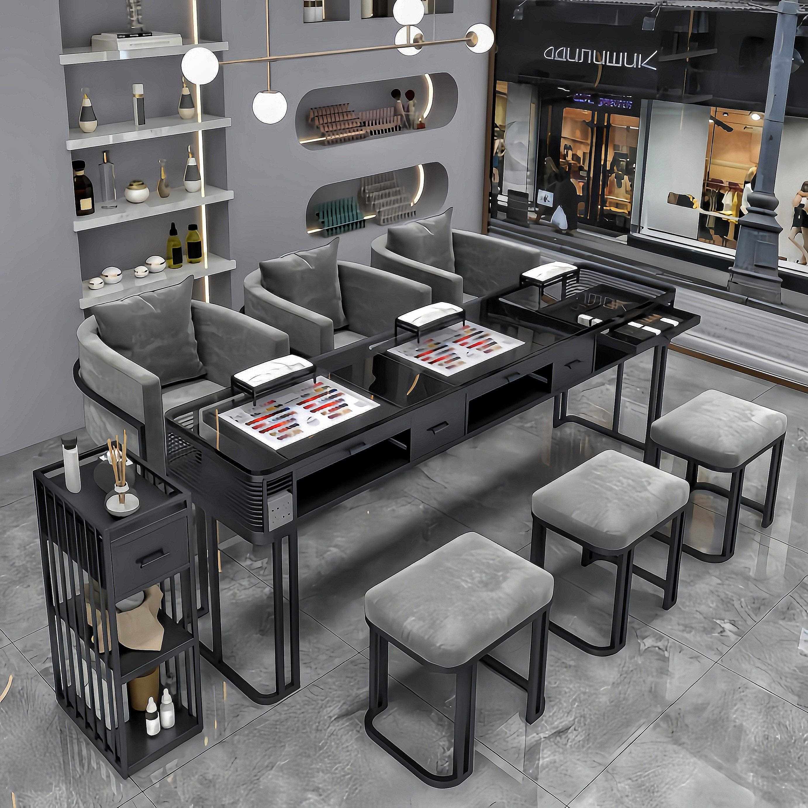 #黑色系美甲桌椅套装双层简约美甲台美甲店单双三人时尚网红修甲