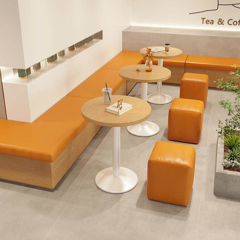奶油风长条凳卡座沙发橙色系奶茶店圆桌饮品店桌椅组合皮艺园墩