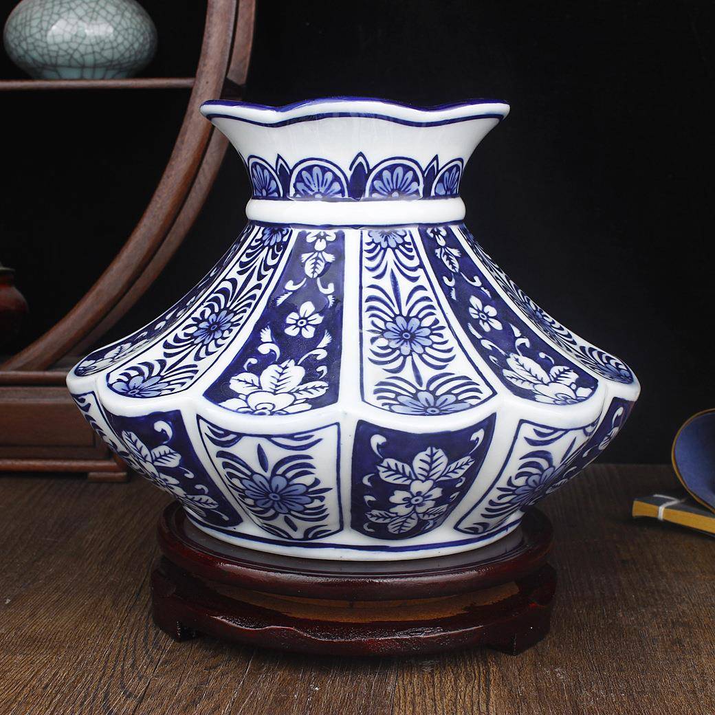 陶瓷手绘青花瓷花瓶大口插花器新中式客厅家居装饰品摆件