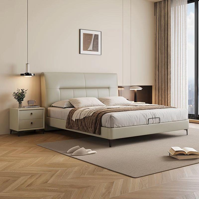 实木框架真皮床现代简约网红豆腐块齐边床主卧床婚床北欧风静音床