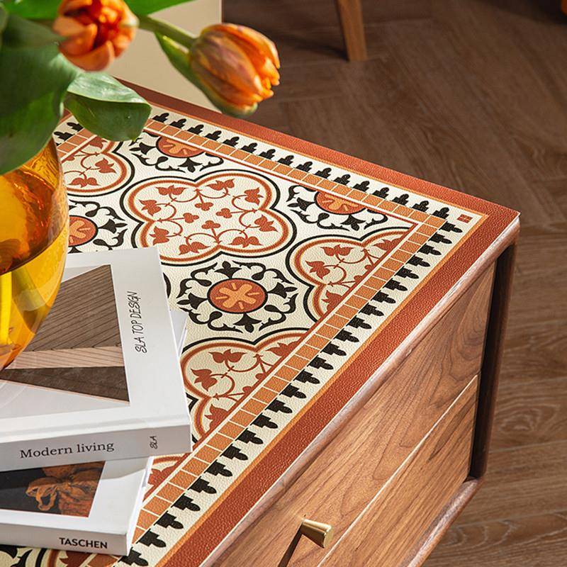 轻奢复古舒适居家客厅电视柜吧台厚质皮革款防油耐热花卉边柜桌垫