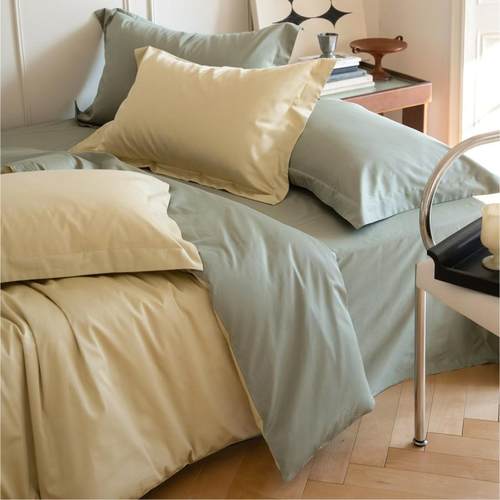 北欧风100支贡缎长绒棉全棉四件套简约纯色床上被套床单床笠式