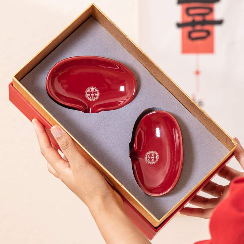亲迎结婚沥水肥皂碟陶瓷香皂盒红色一对陪嫁套装物品女方用品大全