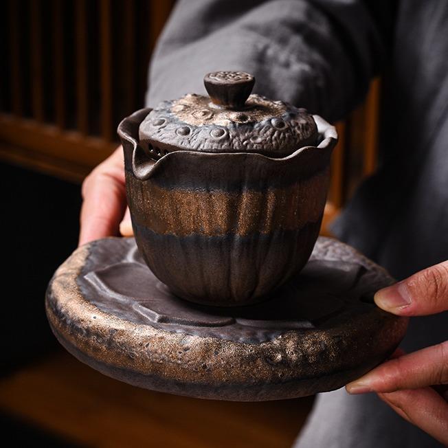 德玉堂粗陶复古鎏金手抓壶日式纯手工茶壶家用分茶器带壶垫茶组