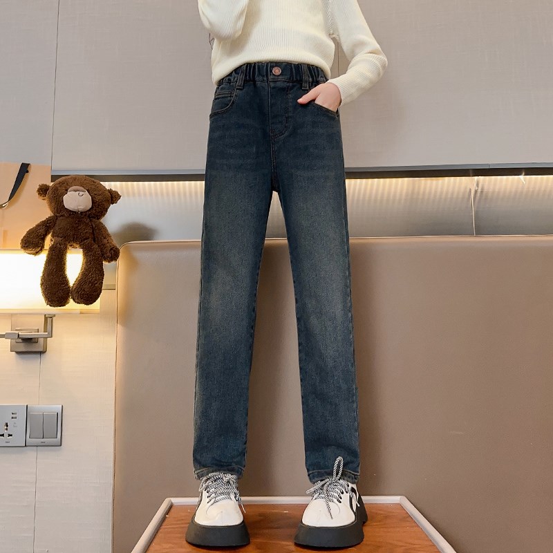 女童裤子春秋外穿2024新款秋冬中大童加绒长裤女孩秋季儿童牛仔裤