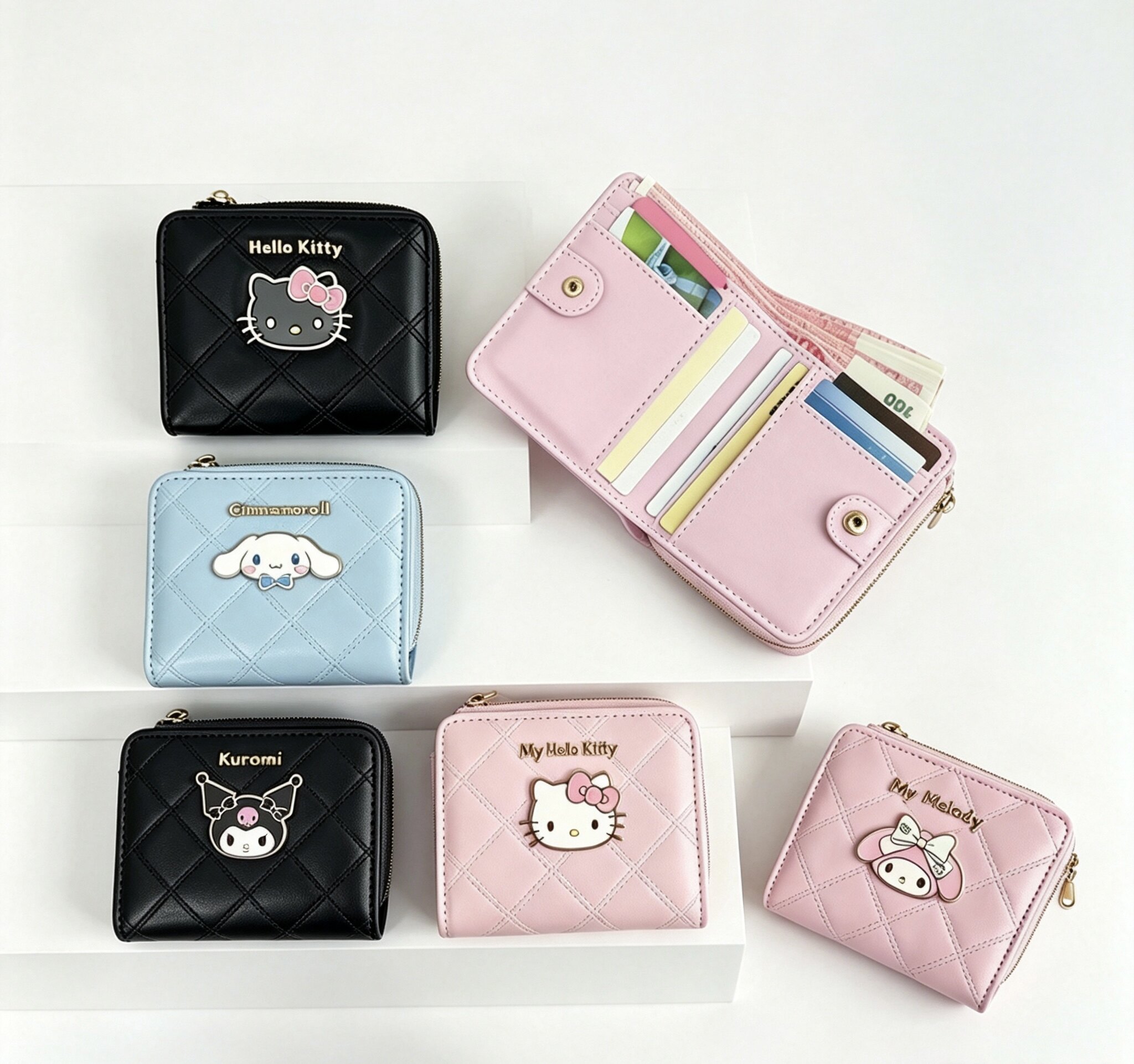 新款Hellokitty美乐蒂钱包菱格短款多卡位拉链钱夹可爱学生零钱包