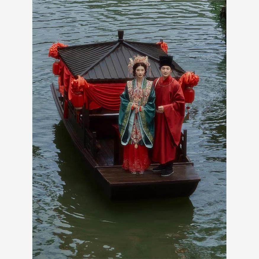 水上婚礼船旅游观光电动游船仿古画舫单亭木船定制款下单前询工厂