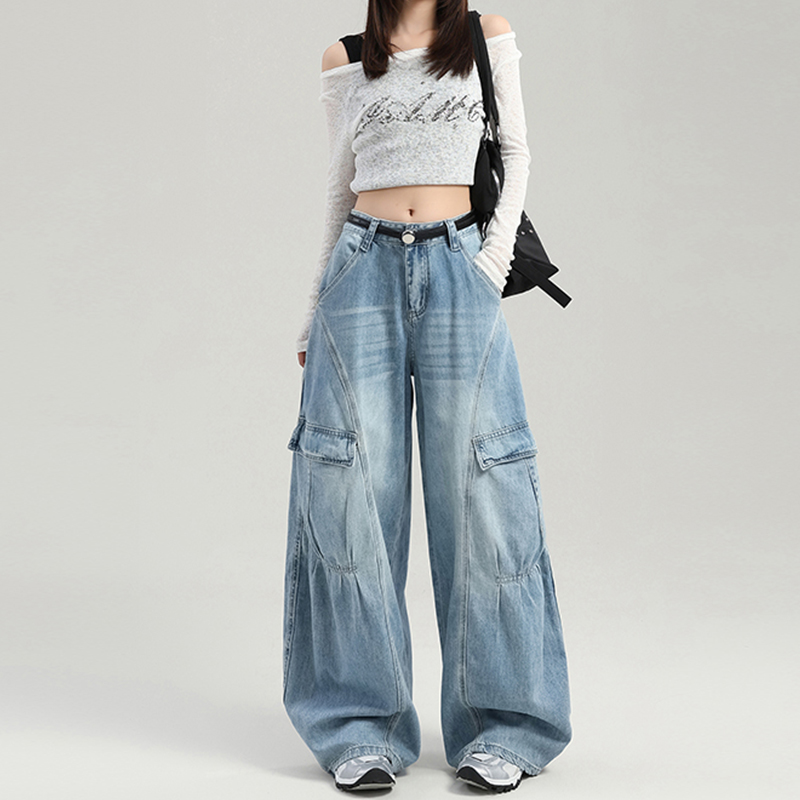 复古蓝阔腿工装牛仔裤女