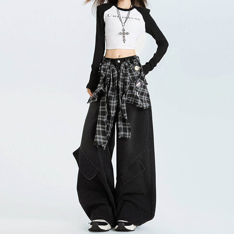 美式高街复古阔腿屁帘牛仔裤女