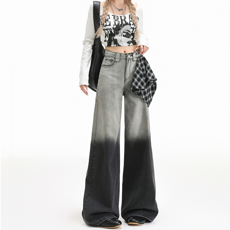 美式黑色渐变阔腿牛仔裤女2025秋季新款高腰宽松格纹拼接直筒裤
