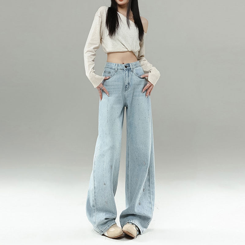 重工烫钻高腰阔腿牛仔裤女