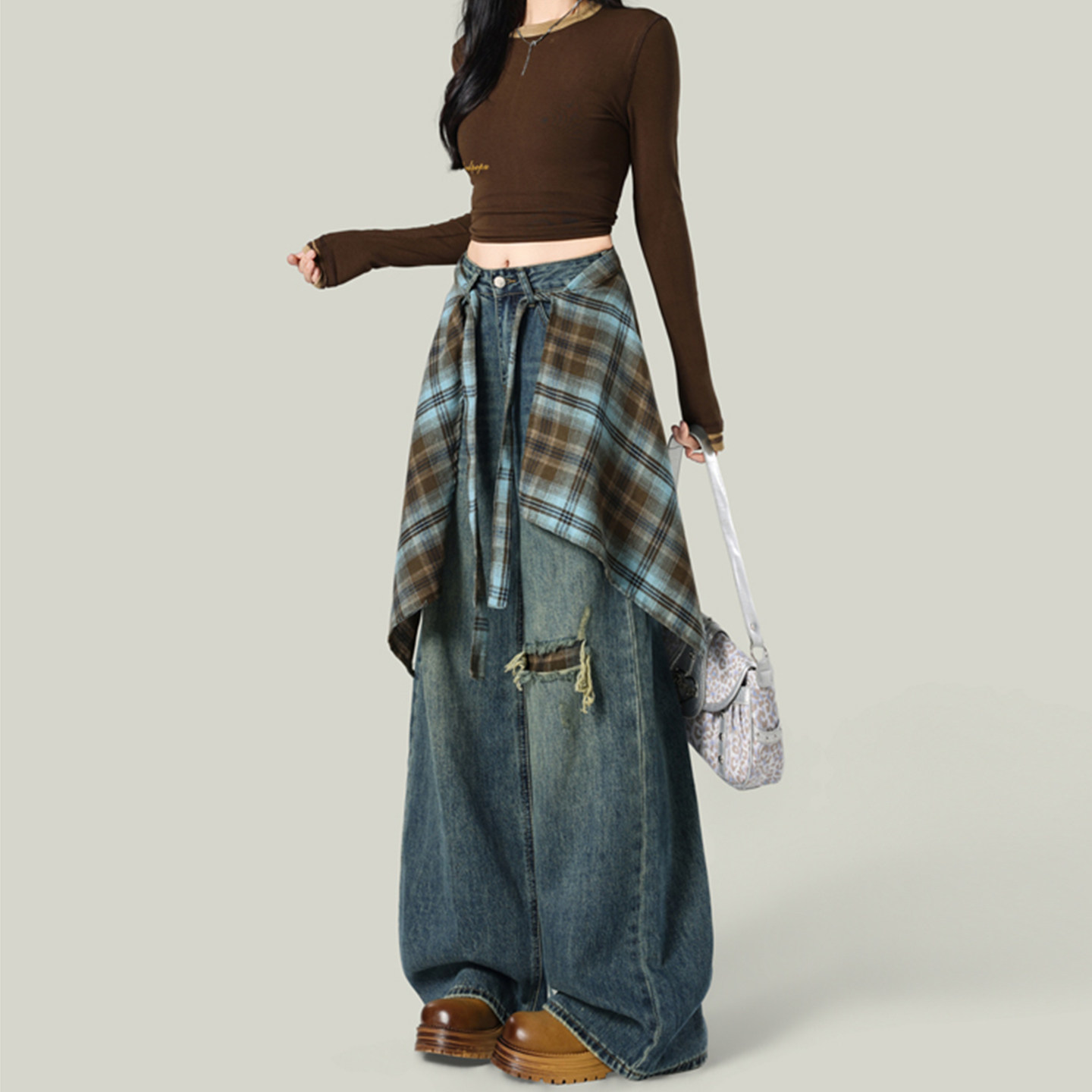 复古破洞高腰阔腿牛仔裤女