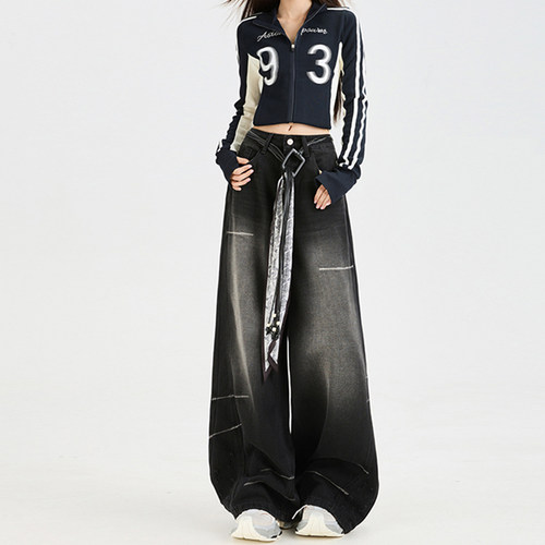 黑色高腰阔腿牛仔裤女