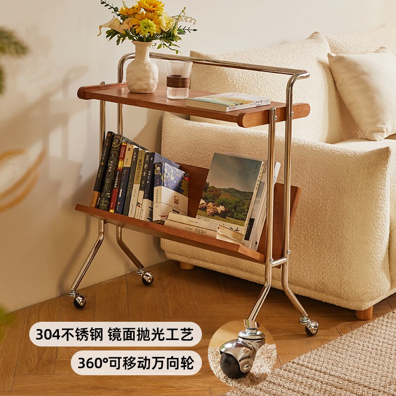 家逸可移动推车圆桌实木沙发边几小桌子客厅茶几床头边桌简易边柜