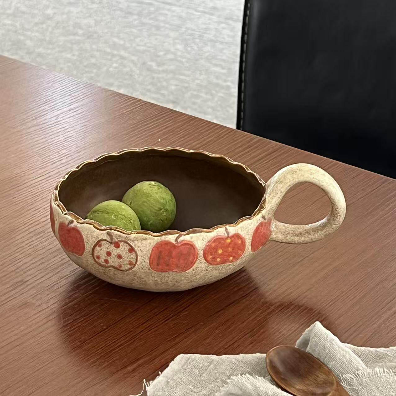 玫瑰家手捏陶瓷咖啡杯碟碗套装苹果方格茶杯碟双耳盘高脚马克杯子