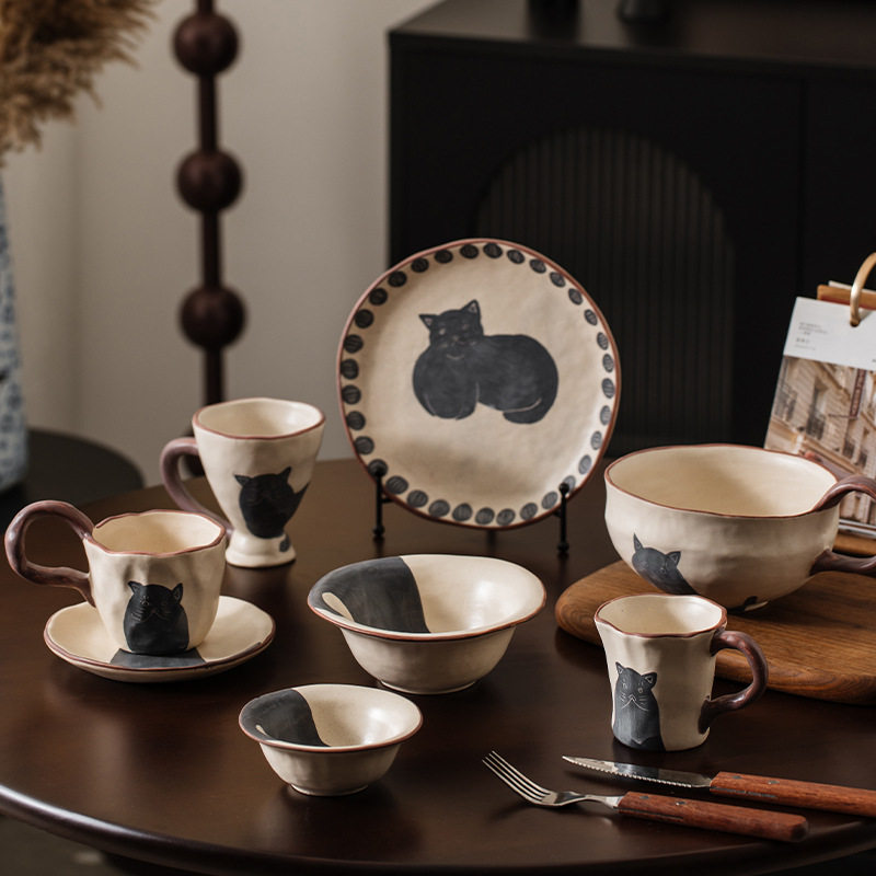 玫瑰家手作日式复古陶瓷咖啡杯胖猫咪拿铁沙拉碗饭碗马克杯盘子,家居饰品,搞怪杯子,淘宝优惠券,粉丝福利购,淘宝优惠卷