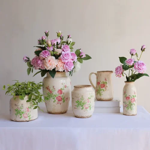 复古花瓶陶瓷粉花绿植多肉花盆裂纹花瓶水培花器陶釉花瓶
