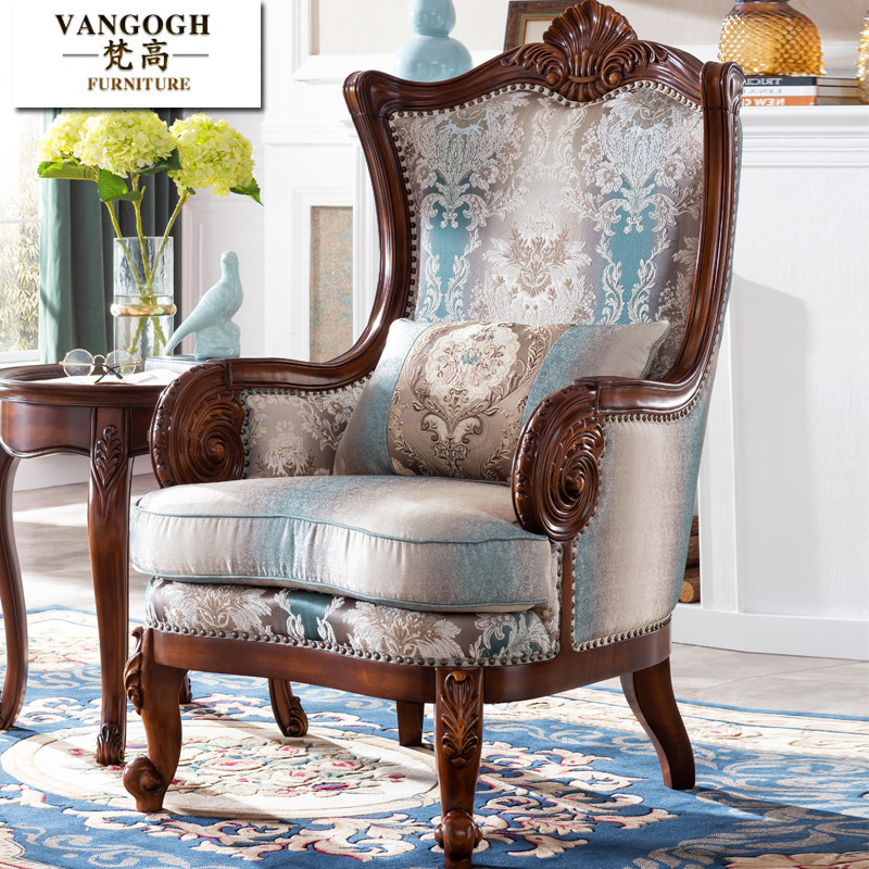 欧式实木老虎椅客厅单人沙发布艺美式休闲靠背椅书房卧室沙发椅子