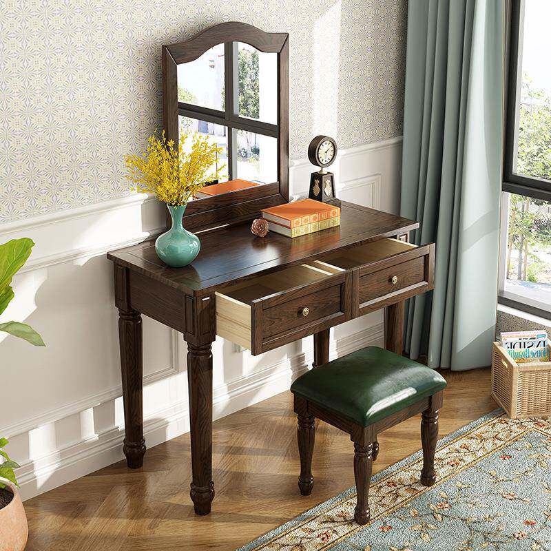 美式实木梳妆台白蜡木化妆台卧室化妆桌简约化妆柜带梳妆镜妆凳