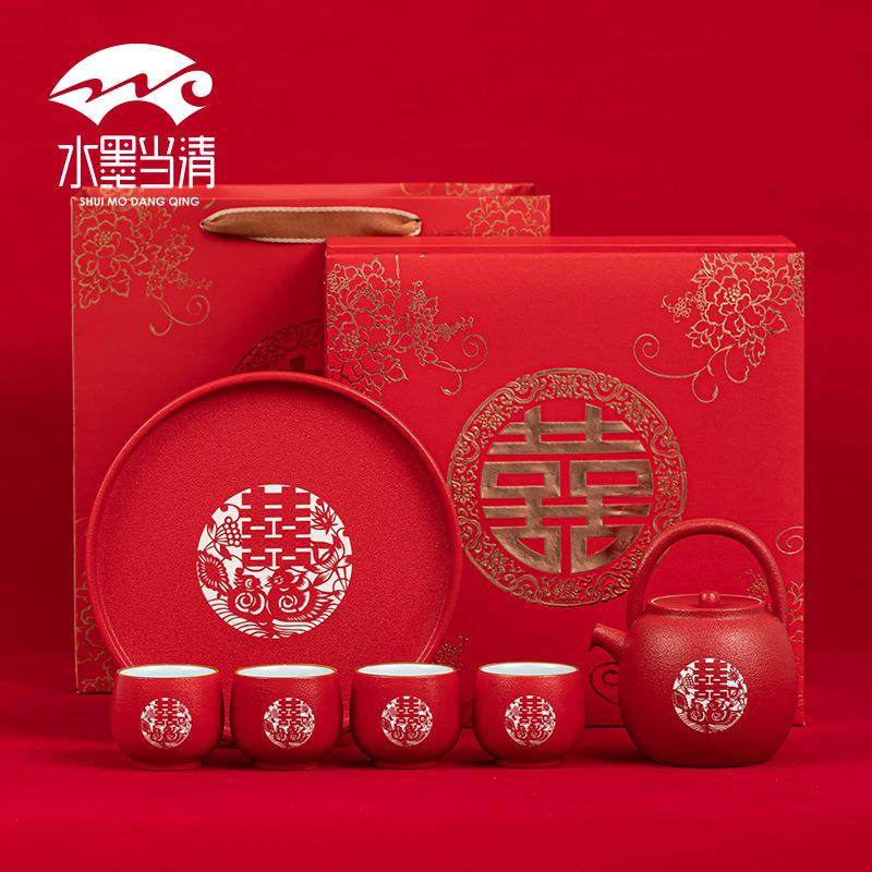 中国大红色结婚茶具套装婚庆用品敬茶杯敬茶碗陶瓷茶具全套带盘