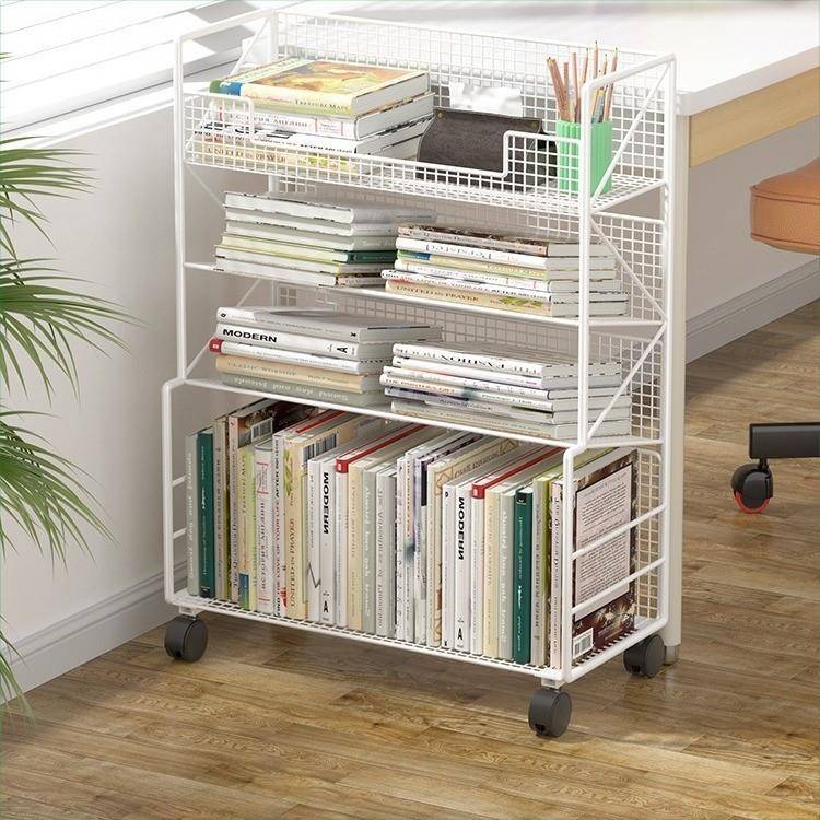 桌面小书架落地简易书桌旁置物架课桌边可移动带轮书本收纳书柜子