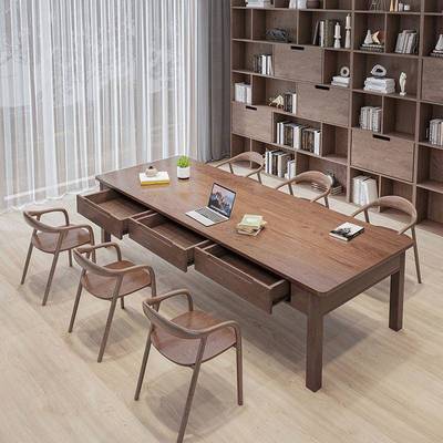 实木大书桌双人长条桌子工作台办公桌家用客厅学习桌带抽屉写字台