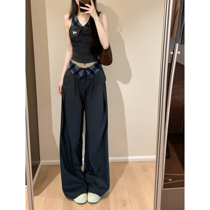 小精灵2025新款夏季法式高级感拼接挂脖背心女通勤阔腿裤显瘦套装