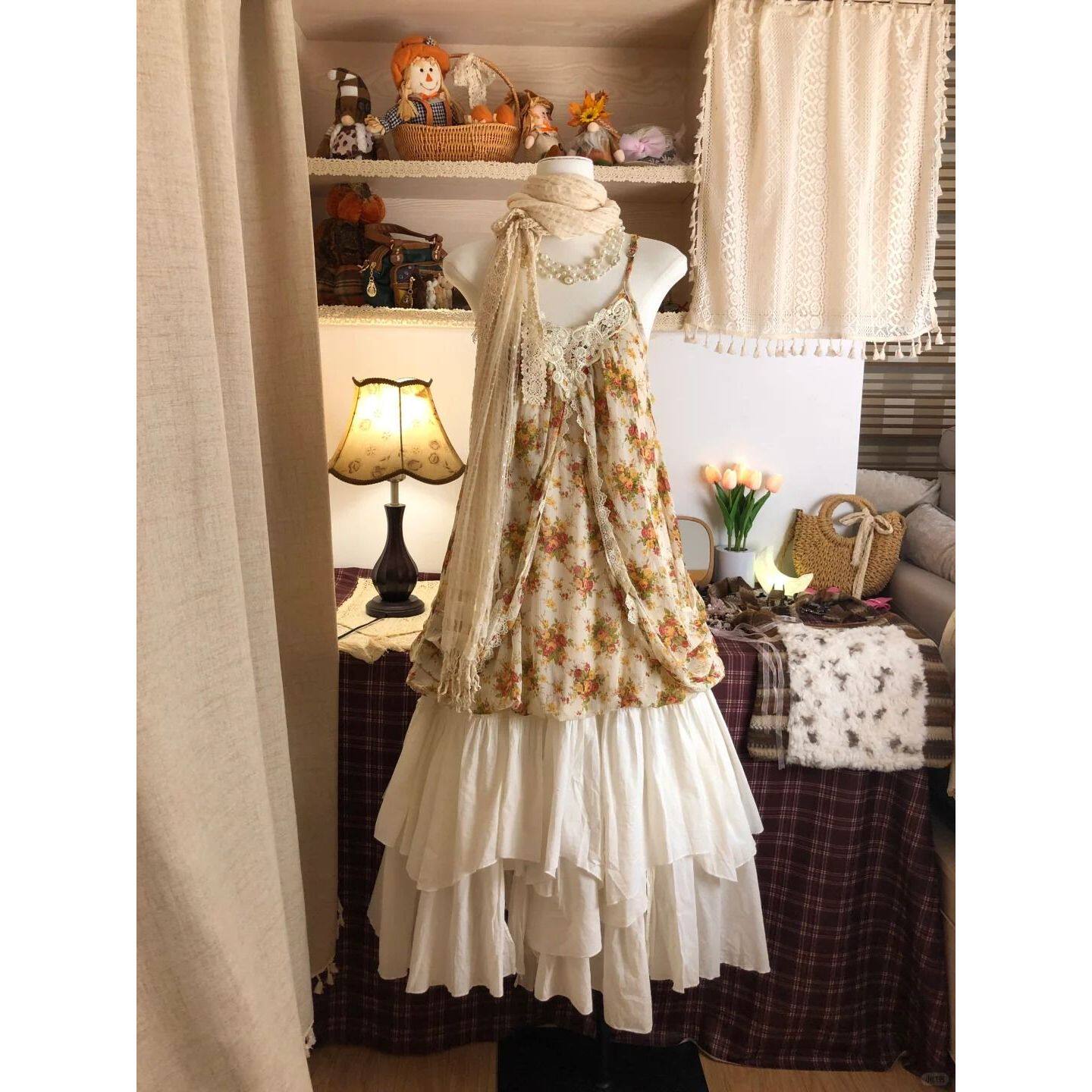 小精灵古早感连衣裙穿搭日系vintage碎花裙不规则半身裙套装小众