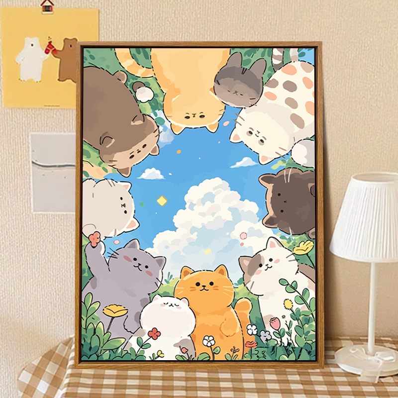 卡通猫咪-diy数字油画手工填充画画可爱小猫丙烯油彩卧室装饰挂画图片