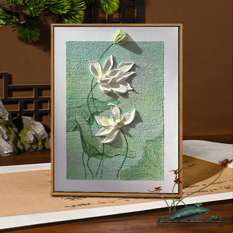 夏日荷花-立体石英砂肌理画中式好运莲莲diy数字油画高级感装饰画图片