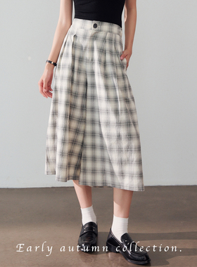 After22“夏末树影”复古格纹轻薄宽松休闲阔腿七分裤