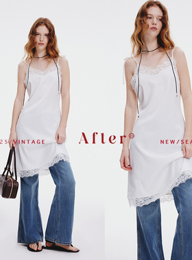 After22光泽感缎感蕾丝拼接吊带连衣裙女