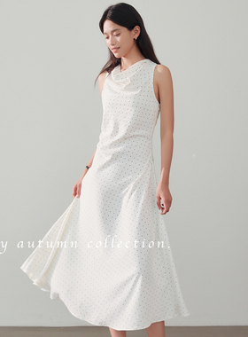 After22“复古波点”荡领轻盈空气感无袖收腰捏褶连衣裙