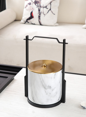 新中式创意礼品样板房软装饰品金属大理石纹圆形收纳饰盒书房摆件