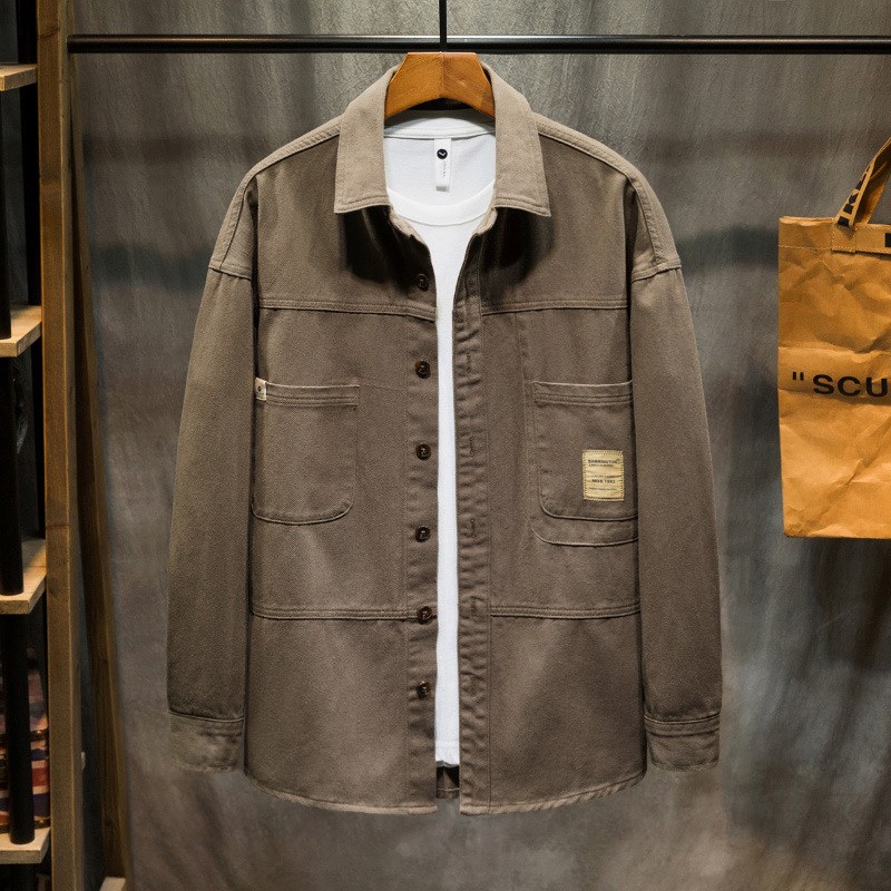 2025春秋款复古工装男士牛仔衬衫宽松加肥加大码胖子简约百塔衬衣