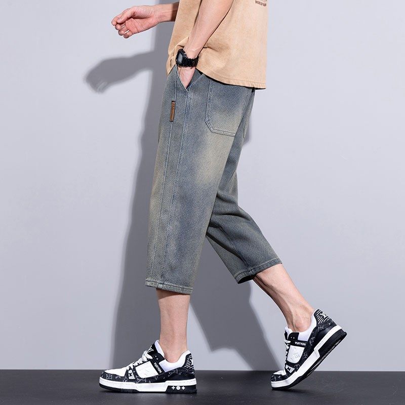 男士牛仔短裤夏季薄款星空纹外穿七分裤松紧腰复古休闲裤子男马裤,男装,牛仔裤,淘宝优惠券,粉丝福利购,淘宝优惠卷