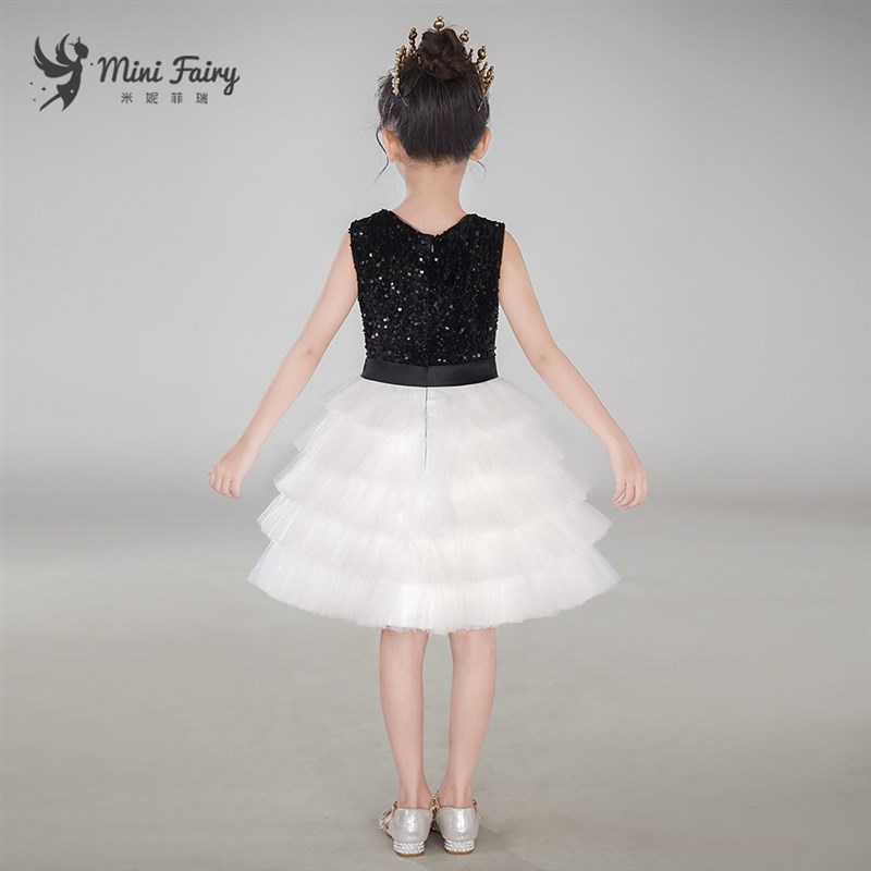 女童高端礼服黑白网纱蛋糕裙女孩小提琴演奏比赛公主裙钢琴演出服
