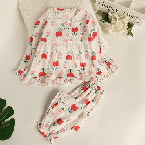 春夏女童纯棉纱布儿童睡衣女孩长袖薄款套大童春秋宝宝亲子家居服