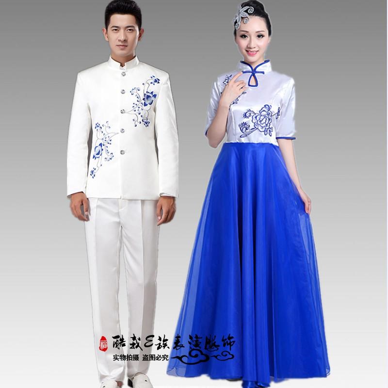 青花瓷大合唱演出服长裙新款合唱团古筝表演民乐古典舞蹈舞台服装