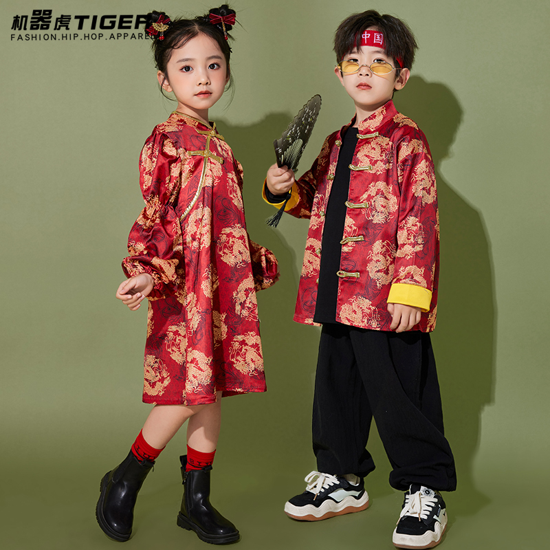 男童古风国学女童旗袍合唱表演新年中国风喜庆服装儿童汉服演出服