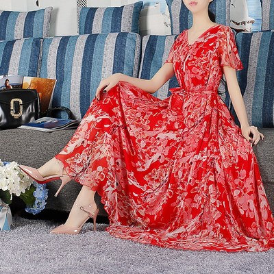 2024夏季新款连衣裙红色雪纺碎花波西米亚长裙大码胖mm海边度假