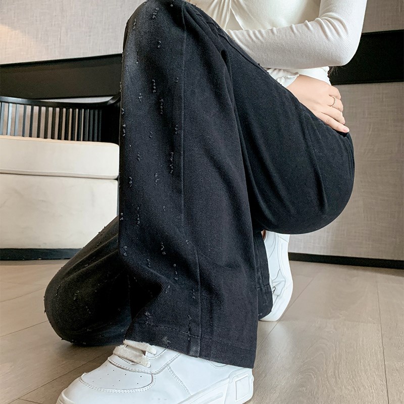 加绒阔腿牛仔裤女2025年秋冬新款松紧腰抓纹大码窄版直筒休闲裤子