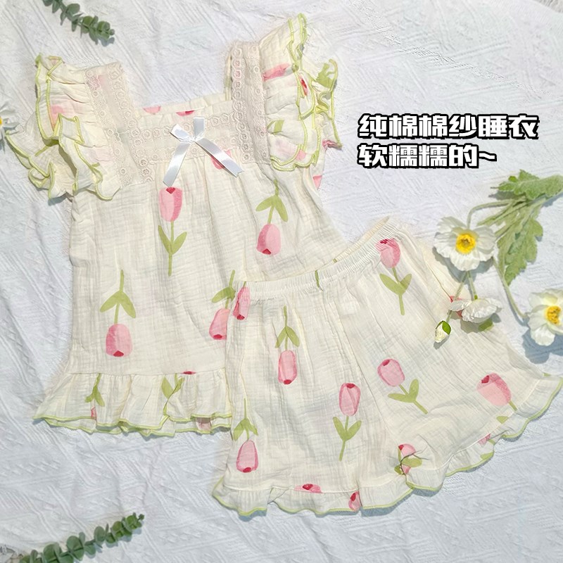 棉纱儿童睡衣2024新款夏季短袖女孩纯棉宫廷风亲子家居服女童套装