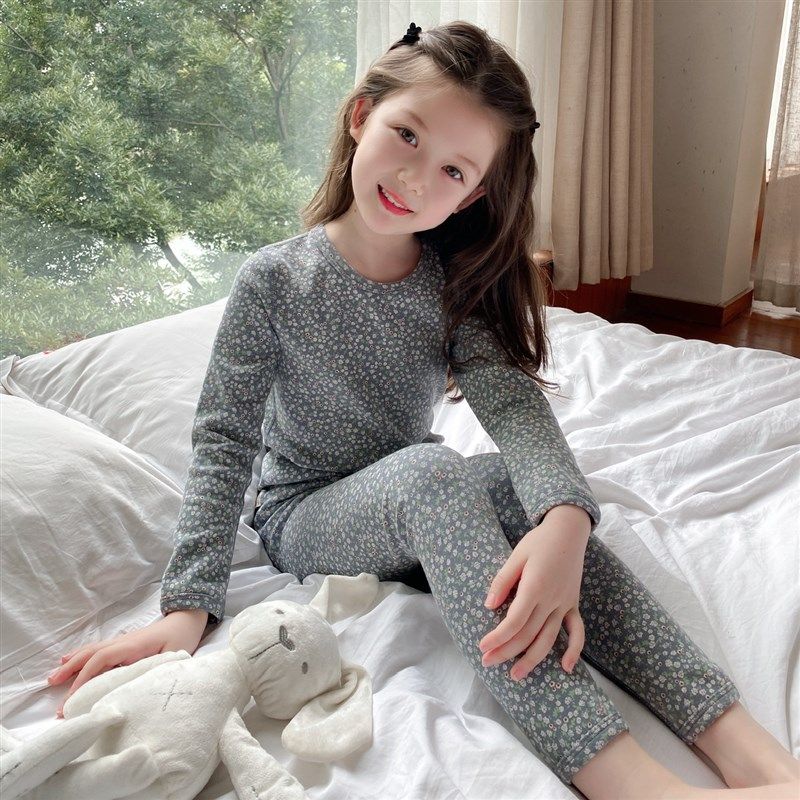 韩国女童纯棉发热衣裤宝宝A类无骨秋衣卫生裤女孩无痕家居服