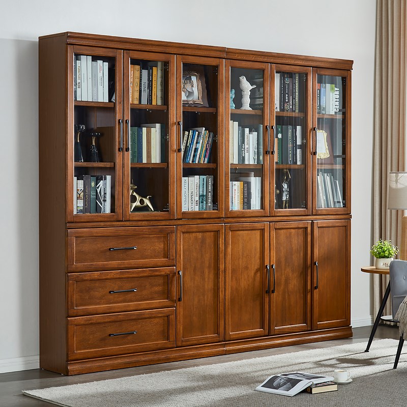 实木书柜储物收纳柜美式客厅满墙书橱玻璃门落地书架组合置物柜