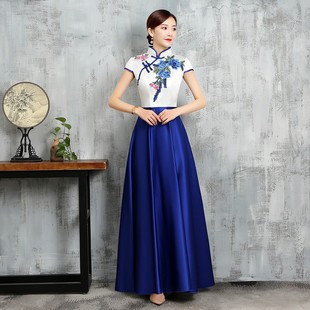 长袖大摆青花瓷长款礼仪服迎宾礼仪小姐服装酒店演出服旗袍
