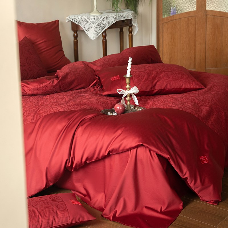 囍字红色结婚庆全棉长绒棉100S四件套贡缎提花喜庆纯棉床单床笠款