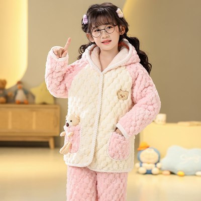 儿童睡衣女童冬季加厚款加绒珊瑚绒三层夹棉女孩大童法兰绒家居服