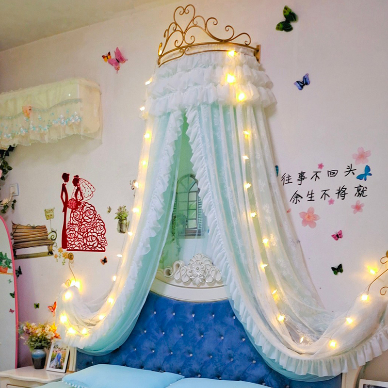 床幔公主风蚊帐韩式欧式婚庆少女粉色床帘皇冠架落地幔纱床头帘